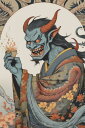 鬼 盃 着物 炎 角 タペストリー 和柄 和風 大きい 男気 日本画風 入れ墨風 アウトロー 縦型 縦配信 大自然 インテリア 撮影背景 壁掛け 大判 長方形 壁布 青 黒 オレンジ(3)