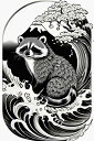 アライグマ 波 山 桜 日本画 タペストリー 和柄 和風 大きい 男気 日本画風 入れ墨風 アウトロー 縦型 縦配信 大自然 インテリア 撮影背景 壁掛け 大判 長方形 壁布 黒 白 グレー