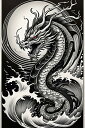 龍 海 波 月 鱗 タペストリー 和柄 和風 大きい 男気 日本画風 入れ墨風 アウトロー 縦型 縦配信 大自然 インテリア 撮影背景 壁掛け 大判 長方形 壁布 白 黒 グレー(3)