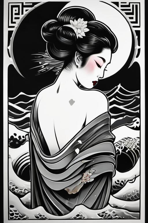 芸者 着物 日本画 月 波 タペストリー 和柄 和風 大きい 男気 日本画風 入れ墨風 アウトロー 縦型 縦配信 大自然 インテリア 撮影背景 壁掛け 大判 長方形 壁布 白 黒 グレー