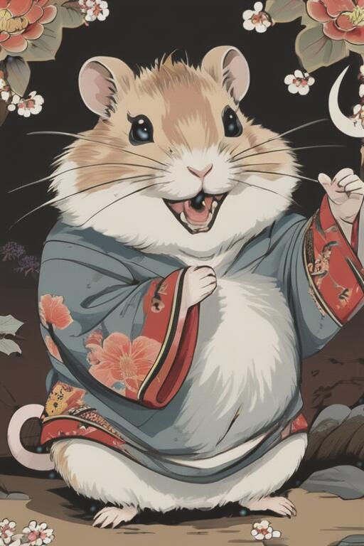ネズミ 着物 花柄 笑顔 幸運 タペス