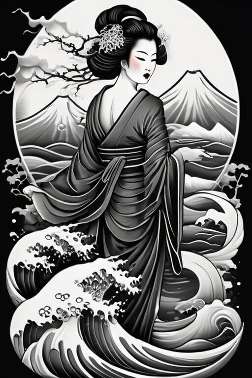 芸者 着物 波 富士山 日本美術 タペ