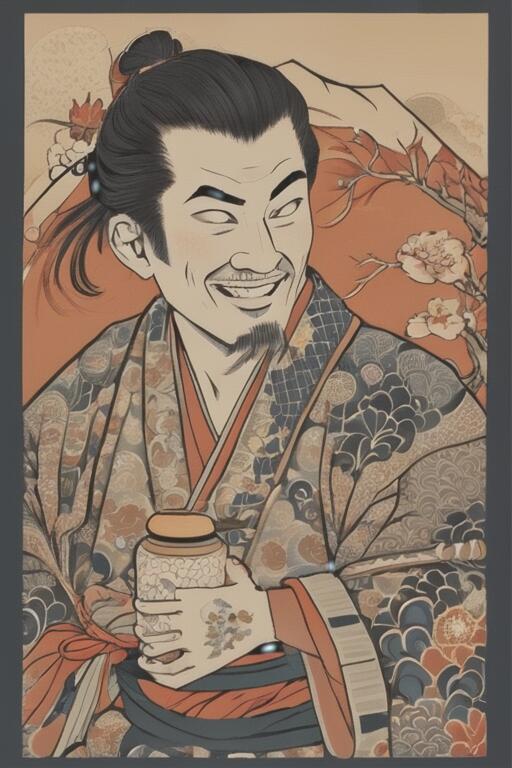 武士 着物 茶筒 日本画 笑顔 タペス