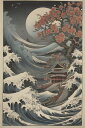 波 月 桜 神社 海 タペストリー 和柄 和風 大きい 男気 日本画風 入れ墨風 アウトロー 縦型 縦配信 大自然 インテリア 撮影背景 壁掛け 大判 長方形 壁布 紺 白 グレー(3)