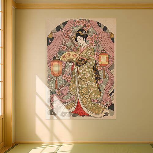 タペストリー 和モダン 和柄 浮世絵風 壁掛け かっこいい 壁布 芸者 インテリア 部屋 アート グラフィック 昭和レトロ 撮影背景 華やか 布 ピンク オレンジ 黄色 着物 桜 灯篭 扇子