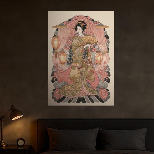 タペストリー 和モダン 和柄 浮世絵風 壁掛け かっこいい 壁布 芸者 インテリア 部屋 アート グラフィック 昭和レトロ 撮影背景 華やか 布 ピンク オレンジ ベージュ 着物 扇子 提灯 桜