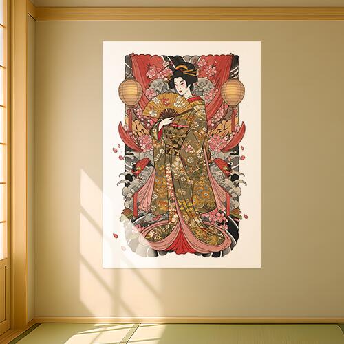 タペストリー 和モダン 和柄 浮世絵風 壁掛け かっこいい 壁布 芸者 インテリア 部屋 アート グラフィック 昭和レトロ 撮影背景 華やか 布 赤 ピンク 黄色 着物 扇子 提灯 桜