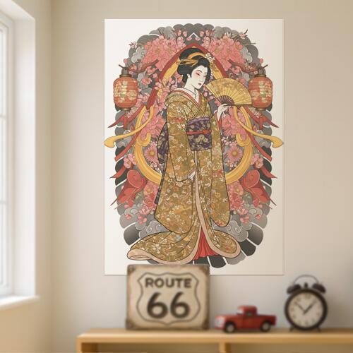 タペストリー 和モダン 和柄 浮世絵風 壁掛け かっこいい 壁布 芸者 インテリア 部屋 アート グラフィック 昭和レトロ 撮影背景 華やか 布 赤 ピンク 黄色 着物 桜 灯篭 扇子