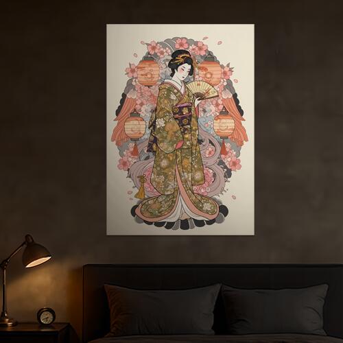 タペストリー 和モダン 和柄 浮世絵風 壁掛け かっこいい 壁布 芸者 インテリア 部屋 アート グラフィック 昭和レトロ 撮影背景 華やか 布 ベージュ ピンク オレンジ 着物 桜 提灯 扇子