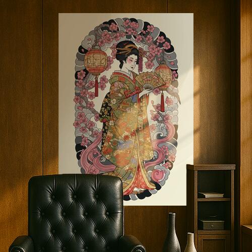 タペストリー 和モダン 和柄 浮世絵風 壁掛け かっこいい 壁布 芸者 インテリア 部屋 アート グラフィック 昭和レトロ 撮影背景 華やか 布 赤 ピンク オレンジ 着物 桜 提灯 扇子