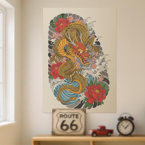 タペストリー 和モダン 和柄 浮世絵風 壁掛け 大判 壁布 インテリア かっこいい 部屋 アート グラフィック 昭和レトロ 撮影背景 華やか 布 赤 ピンク オレンジ 龍 牡丹 波 雲 桜