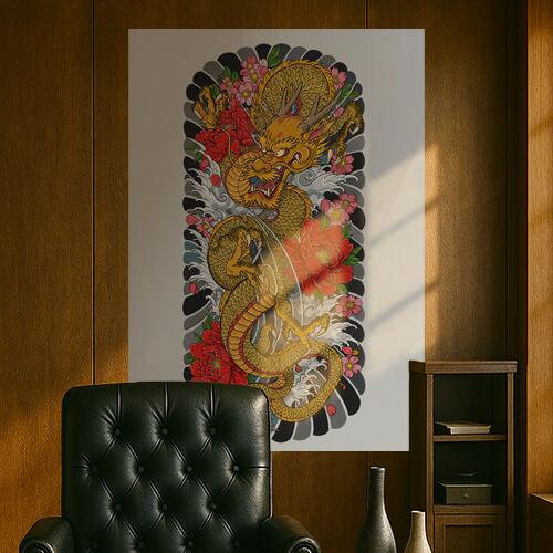 タペストリー 和モダン 和柄 浮世絵風 壁掛け 大判 壁布 インテリア かっこいい 部屋 アート グラフィック 昭和レトロ 撮影背景 華やか 布 黄色 赤 ピンク 龍 花 波 鱗 爪