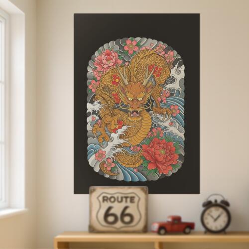 タペストリー 和モダン 和柄 浮世絵風 壁掛け 大判 壁布 インテリア かっこいい 部屋 アート グラフィック 昭和レトロ 撮影背景 華やか 布 赤 ピンク オレンジ 龍 竜 花 波 鱗