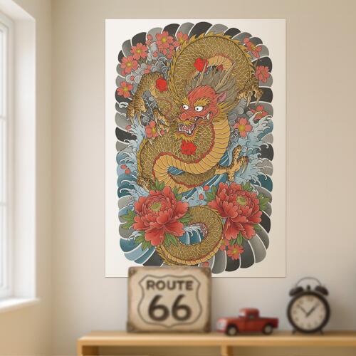 タペストリー 和モダン 和柄 浮世絵風 壁掛け 大判 壁布 インテリア かっこいい 部屋 アート グラフィック 昭和レトロ 撮影背景 華やか 布 赤 オレンジ 黄色 龍 竜 花 波 雲