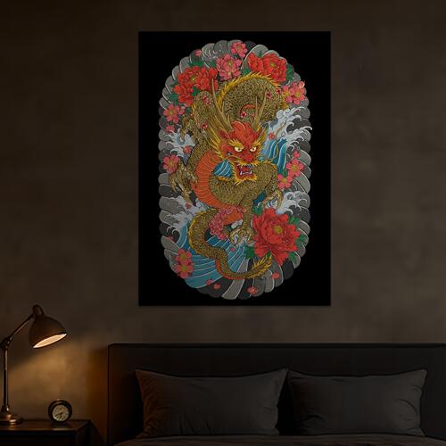 タペストリー 和モダン 和柄 浮世絵風 壁掛け 大判 壁布 インテリア かっこいい 部屋 アート グラフィック 昭和レトロ 撮影背景 華やか 布 赤 オレンジ 黄色 龍 牡丹 波 鱗 角