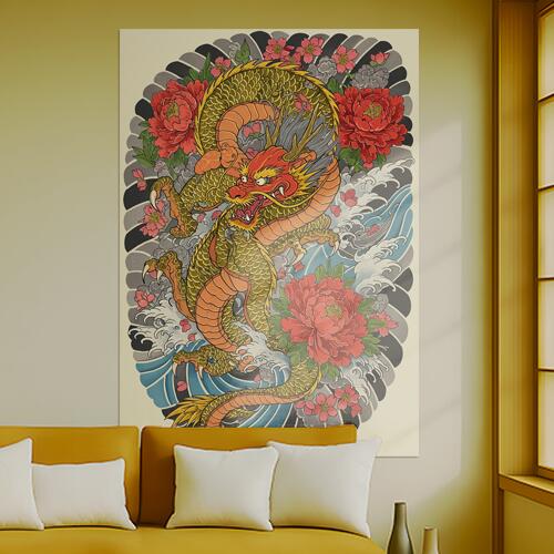 タペストリー 和モダン 和柄 浮世絵風 壁掛け 大判 壁布 インテリア かっこいい 部屋 アート グラフィック 昭和レトロ 撮影背景 華やか 布 赤 オレンジ 黄色 龍 牡丹 波 桜 雲