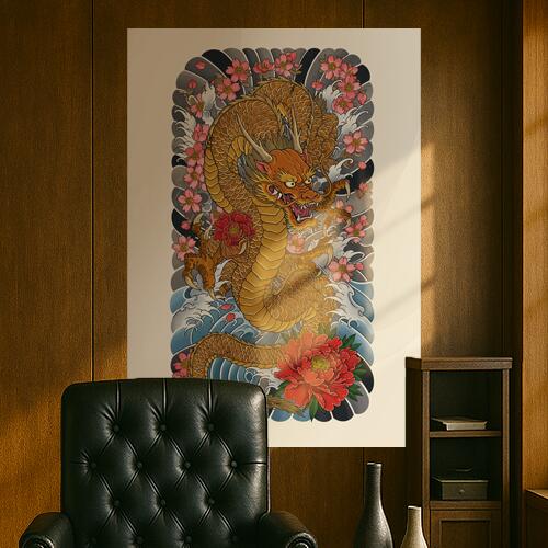 タペストリー 和モダン 和柄 浮世絵風 壁掛け 大判 壁布 インテリア かっこいい 部屋 アート グラフィック 昭和レトロ 撮影背景 華やか 布 赤 ピンク オレンジ 龍 桜 波 牡丹 幸運