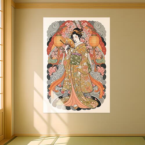 タペストリー 和モダン 和柄 浮世絵風 壁掛け 大判 壁布 インテリア かっこいい 部屋 アート グラフィック 昭和レトロ 撮影背景 華やか 布 黄色 オレンジ ピンク 芸者 着物 桜 灯篭 扇子