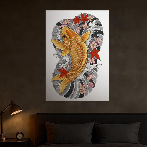 鯉 桜 紅葉 波 水 タペストリー 和モダン 和柄 浮世絵風 刺青風 昭和レトロ 壁掛け 大判 長方形 タトゥー ジャパニーズ 男気 アウトロー 壁布 オレンジ ピンク 赤
