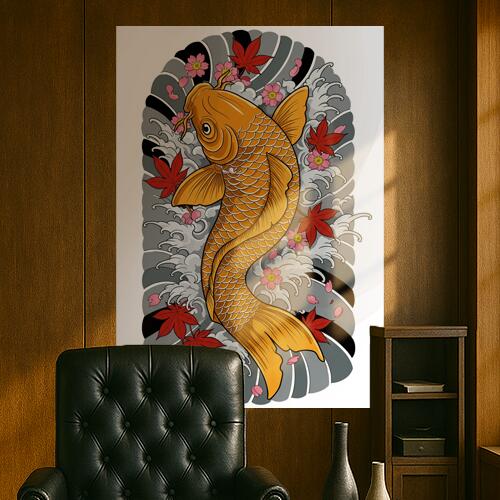 鯉 桜 紅葉 波 和柄 タペストリー 和モダン 浮世絵風 刺青風 昭和レトロ 壁掛け 大判 長方形 タトゥー ジャパニーズ 男気 アウトロー 壁布 オレンジ 赤 ピンク