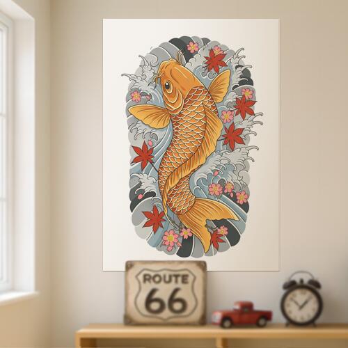 鯉 波 桜 紅葉 日本画 タペストリー 和モダン 和柄 浮世絵風 刺青風 昭和レトロ 壁掛け 大判 長方形 タトゥー ジャパニーズ 男気 アウトロー 壁布 白 グレー 赤