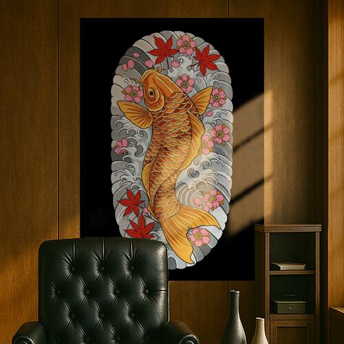 鯉 桜 紅葉 波 日本画 タペストリー 和モダン 和柄 浮世絵風 刺青風 昭和レトロ 壁掛け 大判 長方形 タトゥー ジャパニーズ 男気 アウトロー 壁布 オレンジ ピンク 赤