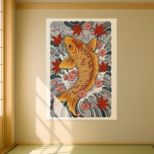 鯉 桜 紅葉 波 日本画 タペストリー 和モダン 和柄 浮世絵風 刺青風 昭和レトロ 壁掛け 大判 長方形 タトゥー ジャパニーズ 男気 アウトロー 壁布 オレンジ 赤 ピンク