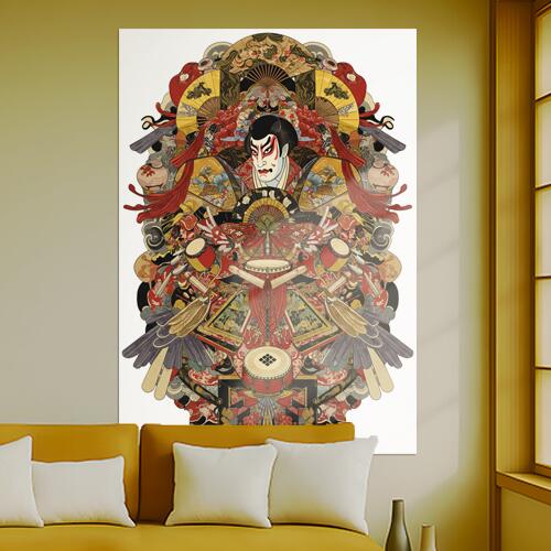 歌舞伎 扇子 太鼓 日本画 伝統芸能 タペストリー 和モダン 和柄 浮世絵風 刺青風 昭和レトロ 壁掛け 大..