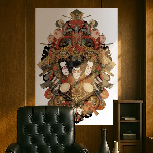 歌舞伎 隈取 扇子 太鼓 提灯 タペストリー 和モダン 和柄 浮世絵風 刺青風 昭和レトロ 壁掛け 大判 長方形 タトゥー ジャパニーズ 男気 アウトロー 壁布 赤 黒 白