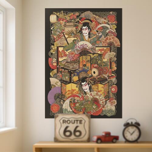 歌舞伎 扇子 屏風 太鼓 灯篭 タペストリー 和モダン 和柄 浮世絵風 刺青風 昭和レトロ 壁掛け 大判 長方形 タトゥー ジャパニーズ 男気 アウトロー 壁布 赤 ベージュ 黄色