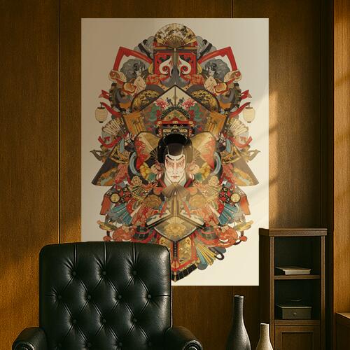 歌舞伎 扇子 提灯 髑髏 舞台 タペストリー 和モダン 和柄 浮世絵風 刺青風 昭和レトロ 壁掛け 大判 長方形 タトゥー ジャパニーズ 男気 アウトロー 壁布 赤 黒 白