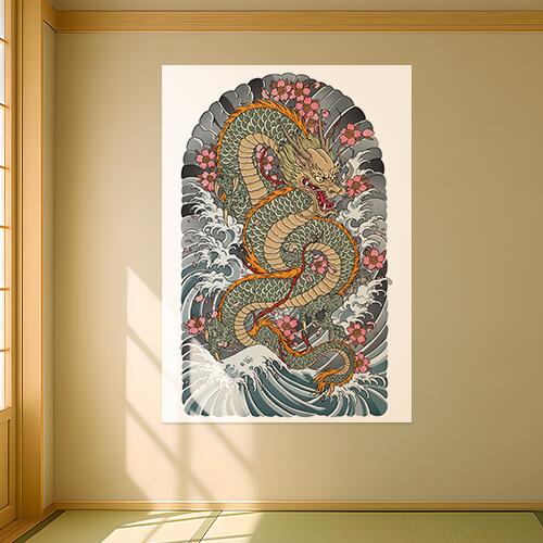 龍 桜 波 雲 和柄 タペストリー 和モダン 浮世絵風 刺青風 昭和レトロ 壁掛け 大判 長方形 タトゥー ジャパニーズ 男気 アウトロー 壁布 グレー ピンク オレンジ