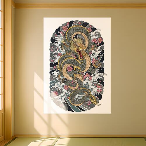 龍 桜 波 鱗 爪 タペストリー 和モダン 和柄 浮世絵風 刺青風 昭和レトロ 壁掛け 大判 長方形 タトゥー ジャパニーズ 男気 アウトロー 壁布 グレー 黄色 ピンク
