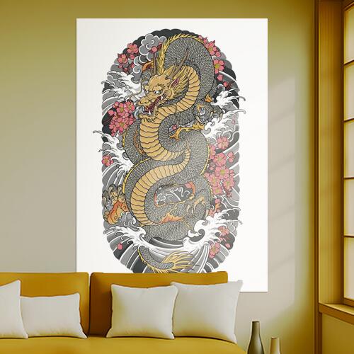 龍 桜 波 雲 幸運 タペストリー 和モダン 和柄 浮世絵風 刺青風 昭和レトロ 壁掛け 大判 長方形 タトゥー ジャパニーズ 男気 アウトロー 壁布 黄色 グレー ピンク