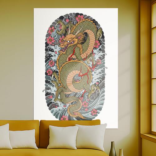 龍 桜 波 雲 東洋美術 タペストリー 和モダン 和柄 浮世絵風 刺青風 昭和レトロ 壁掛け 大判 長方形 タ..