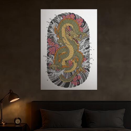 龍 桜 波 鱗 東洋 タペストリー 和モダン 和柄 浮世絵風 刺青風 昭和レトロ 壁掛け 大判 長方形 タトゥー ジャパニーズ 男気 アウトロー 壁布 黄色 オレンジ ピンク