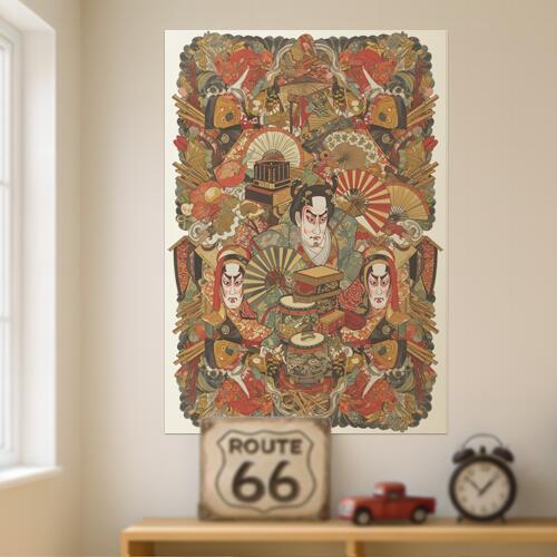 歌舞伎 扇子 太鼓 日本画 伝統芸能 タペストリー 和モダン 和柄 浮世絵風 刺青風 昭和レトロ 壁掛け 大..
