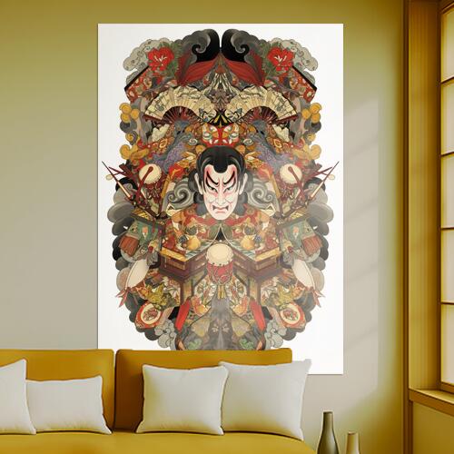 歌舞伎 隈取 太鼓 扇子 烏 タペストリー 和モダン 和柄 浮世絵風 刺青風 昭和レトロ 壁掛け 大判 長方..