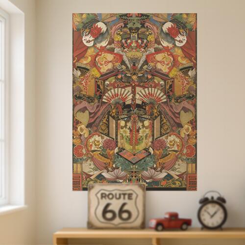 歌舞伎 扇子 花 着物 屏風 タペストリー 和モダン 和柄 浮世絵風 刺青風 昭和レトロ 壁掛け 大判 長方形 タトゥー ジャパニーズ 男気 アウトロー 壁布 赤 黒 黄色