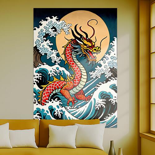 龍 海 波 月 幸運 タペストリー 和モダン 和柄 浮世絵風 刺青風 昭和レトロ 壁掛け 大判 長方形 タトゥー ジャパニーズ 男気 アウトロー 壁布 青 紺 黒