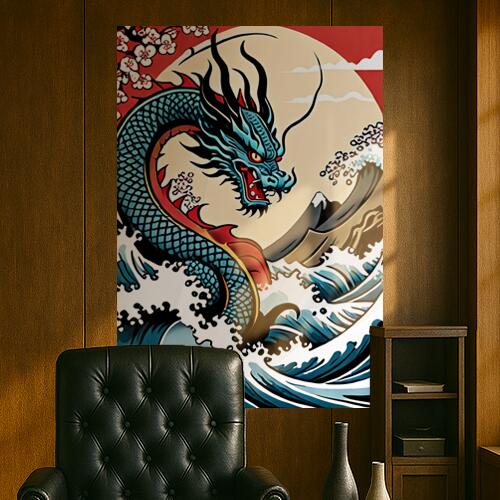 龍 波 桜 山 太陽 タペストリー 和モダン 和柄 浮世絵風 刺青風 昭和レトロ 壁掛け 大判 長方形 タトゥー ジャパニーズ 男気 アウトロー 壁布 青 赤 黒