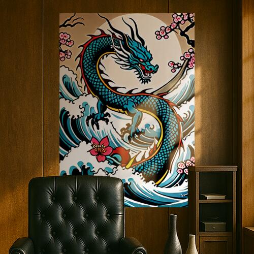 龍 波 桜 月 東洋 タペストリー 和モダン 和柄 浮世絵風 刺青風 昭和レトロ 壁掛け 大判 長方形 タトゥー ジャパニーズ 男気 アウトロー 壁布 青 赤 ピンク