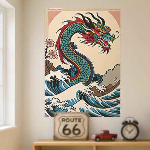 龍 波 桜 縁起物 海 タペストリー 和モダン 和柄 浮世絵風 刺青風 昭和レトロ 壁掛け 大判 長方形 タトゥー ジャパニーズ 男気 アウトロー 壁布 青 赤 黒