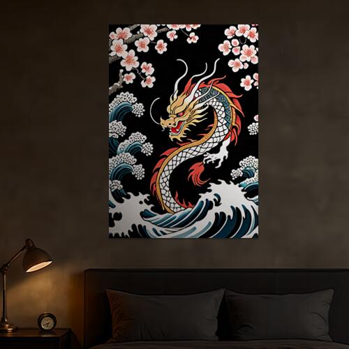 龍 波 桜 春 幸運 タペストリー 和モダン 和柄 浮世絵風 刺青風 昭和レトロ 壁掛け 大判 長方形 タトゥー ジャパニーズ 男気 アウトロー 壁布 黒 白 赤