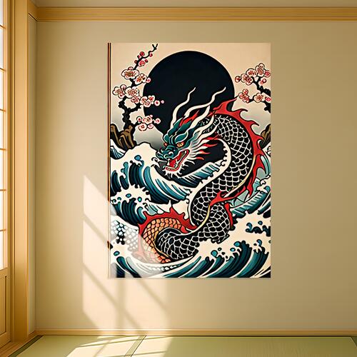 龍 海 波 桜 月 タペストリー 和モダン 和柄 浮世絵風 刺青風 昭和レトロ 壁掛け 大判 長方形 タトゥー ジャパニーズ 男気 アウトロー 壁布 青 紺 黒