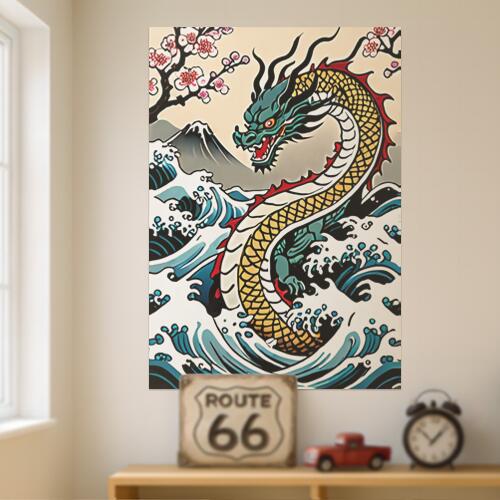 龍 波 富士山 桜 縁起物 タペストリー 和モダン 和柄 浮世絵風 刺青風 昭和レトロ 壁掛け 大判 長方形 ..