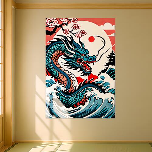龍 波 桜 太陽 寺 タペストリー 和モダン 和柄 浮世絵風 刺青風 昭和レトロ 壁掛け 大判 長方形 タトゥ..