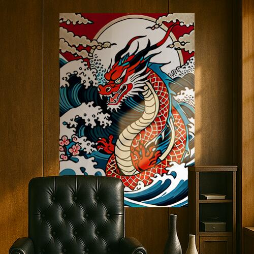 龍 波 月 雲 桜 タペストリー 和モダン 和柄 浮世絵風 刺青風 昭和レトロ 壁掛け 大判 長方形 タトゥー ジャパニーズ 男気 アウトロー 壁布 赤 青 白