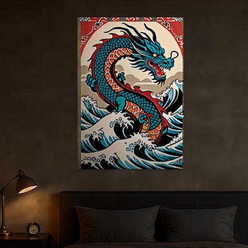 龍 海 波 雲 日本画 タペストリー 和モダン 和柄 浮世絵風 刺青風 昭和レトロ 壁掛け 大判 長方形 タト..