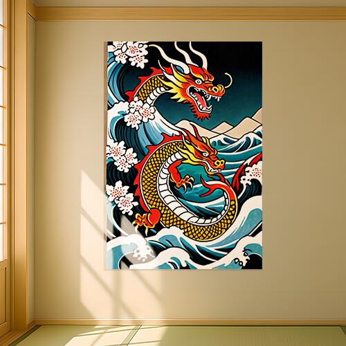 龍 波 桜 海 山 タペストリー 和モダン 和柄 浮世絵風 刺青風 昭和レトロ 壁掛け 大判 長方形 タトゥー ジャパニーズ 男気 アウトロー 壁布 赤 黄色 白